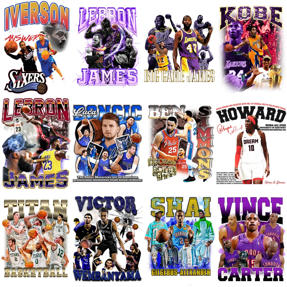 36 Basketball Vintage Bootleg Players Designs Bundle PNG