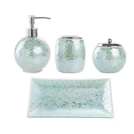 5Pieces Mosaic Glass Bathroom Accessories Set, Soap Dispenser, Tray/Soap Dish (Turquoise)