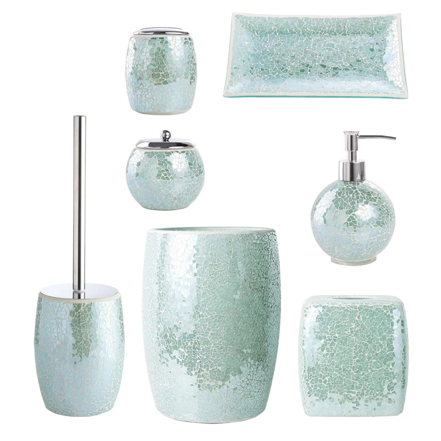 5Pieces Mosaic Glass Bathroom Accessories Set, Soap Dispenser, Tray/Soap Dish (Turquoise)