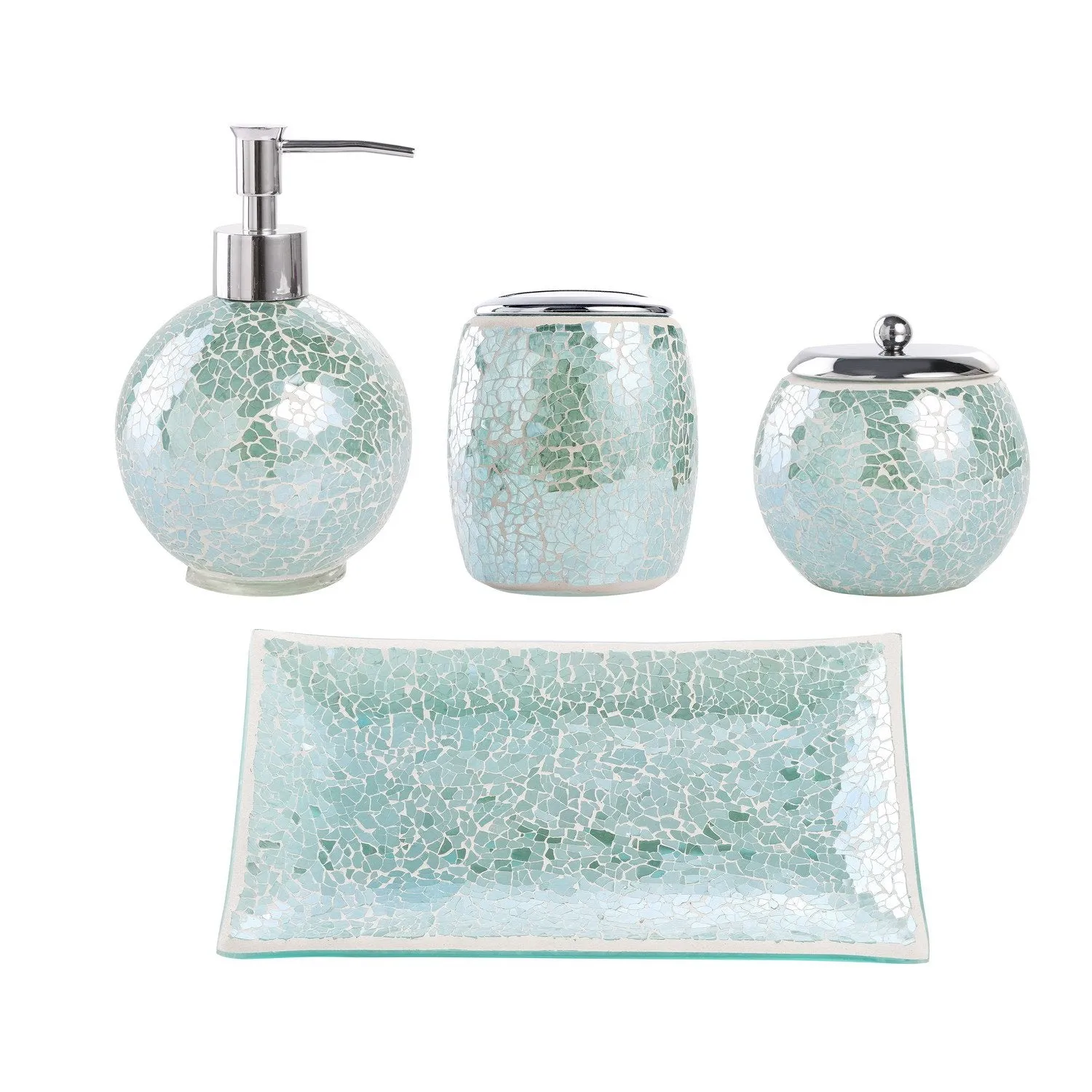 5Pieces Mosaic Glass Bathroom Accessories Set, Soap Dispenser, Tray/Soap Dish (Turquoise)