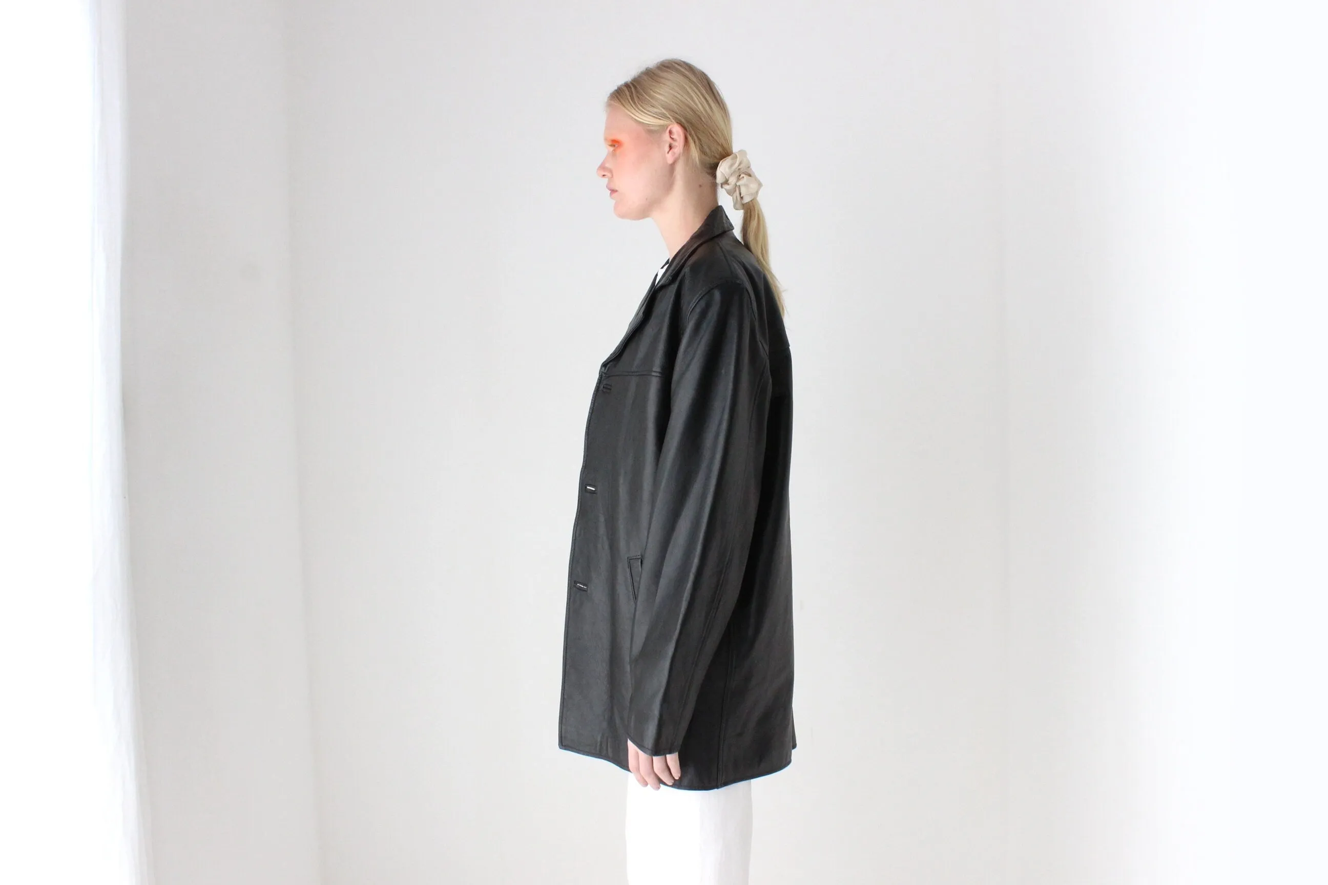 90s Black Leather SIRICCO Boxy, Minimal Button Up