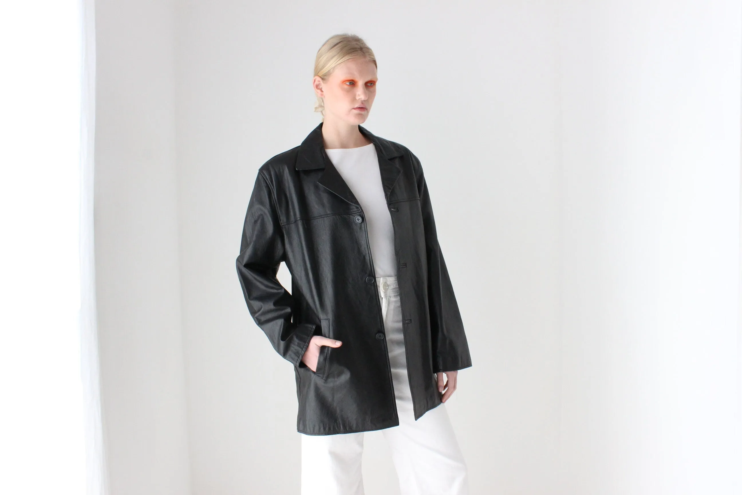 90s Black Leather SIRICCO Boxy, Minimal Button Up