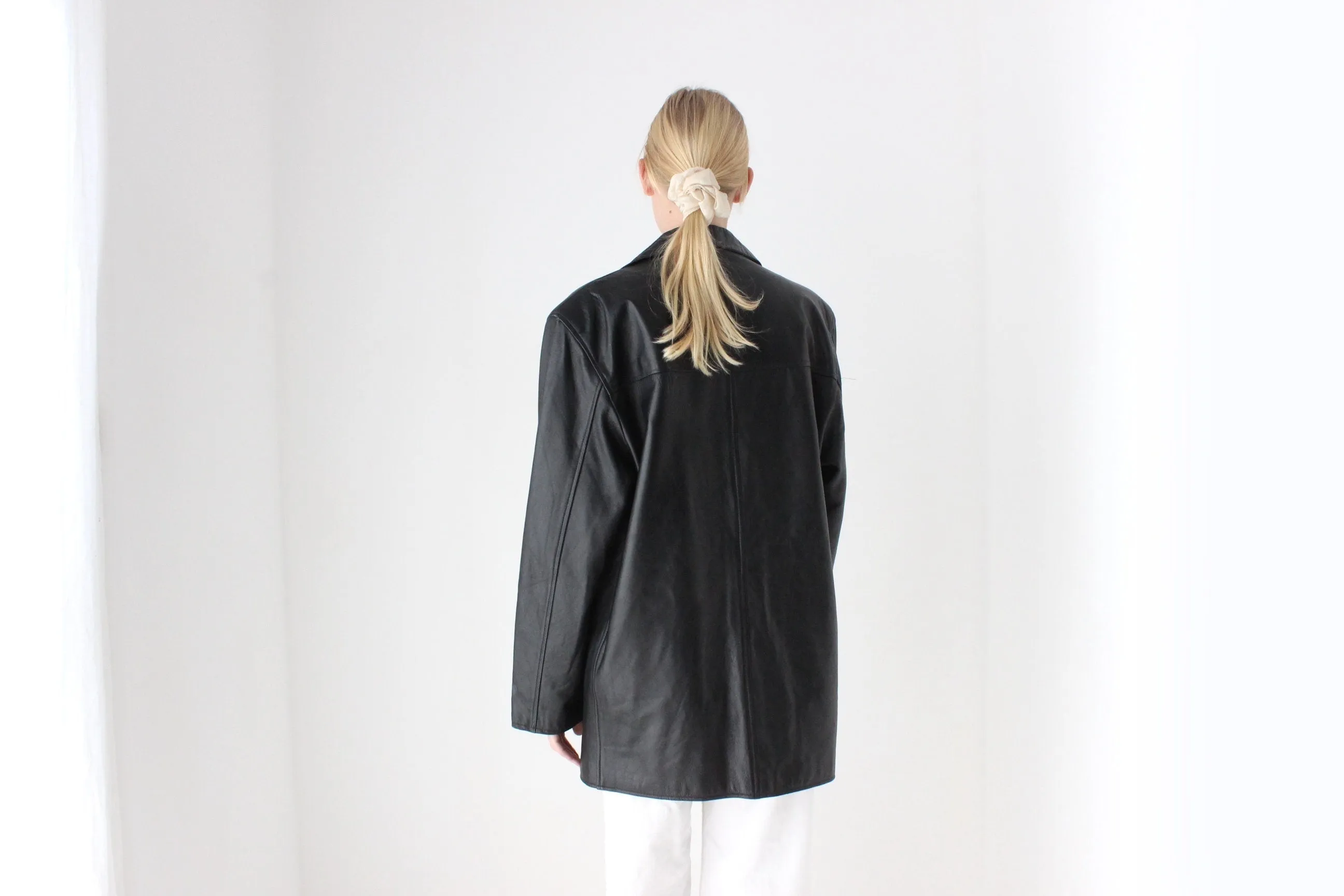 90s Black Leather SIRICCO Boxy, Minimal Button Up