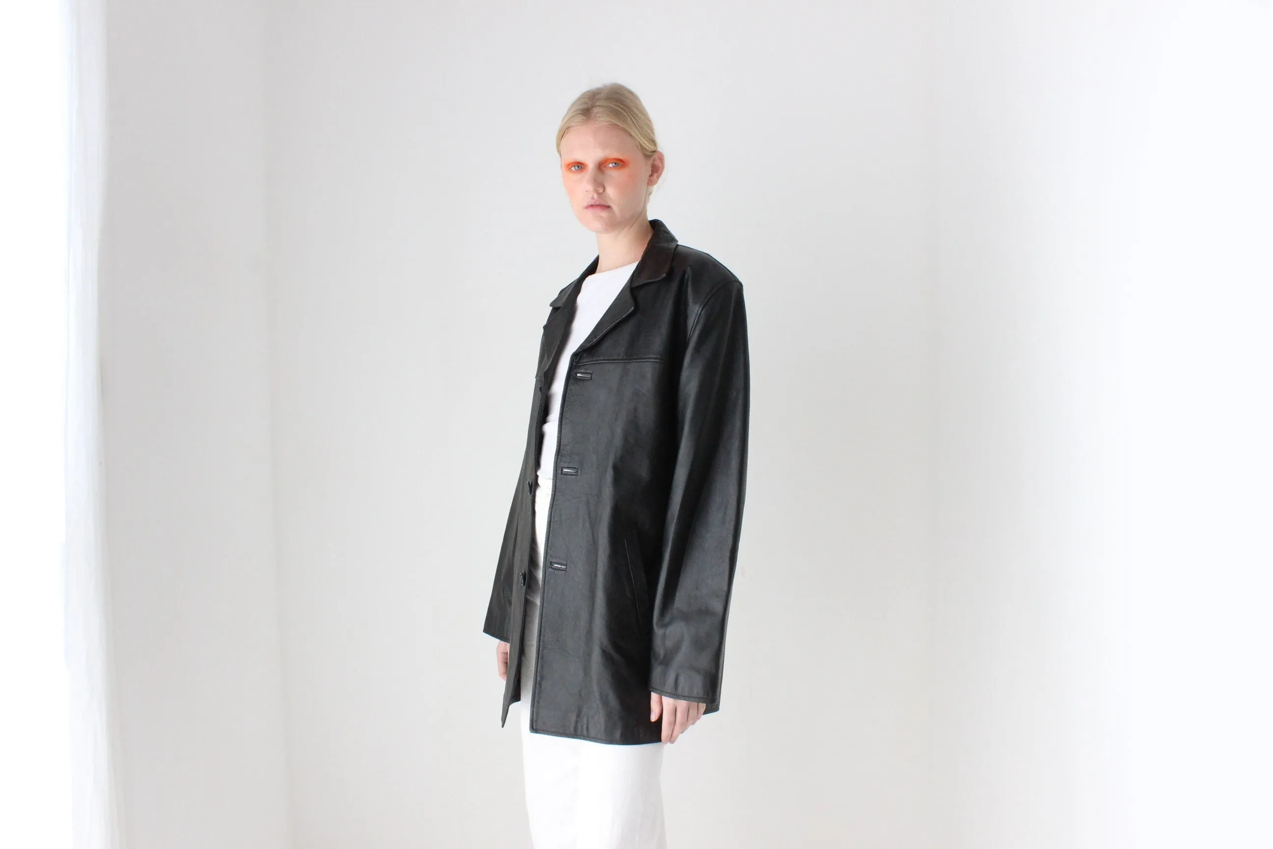 90s Black Leather SIRICCO Boxy, Minimal Button Up