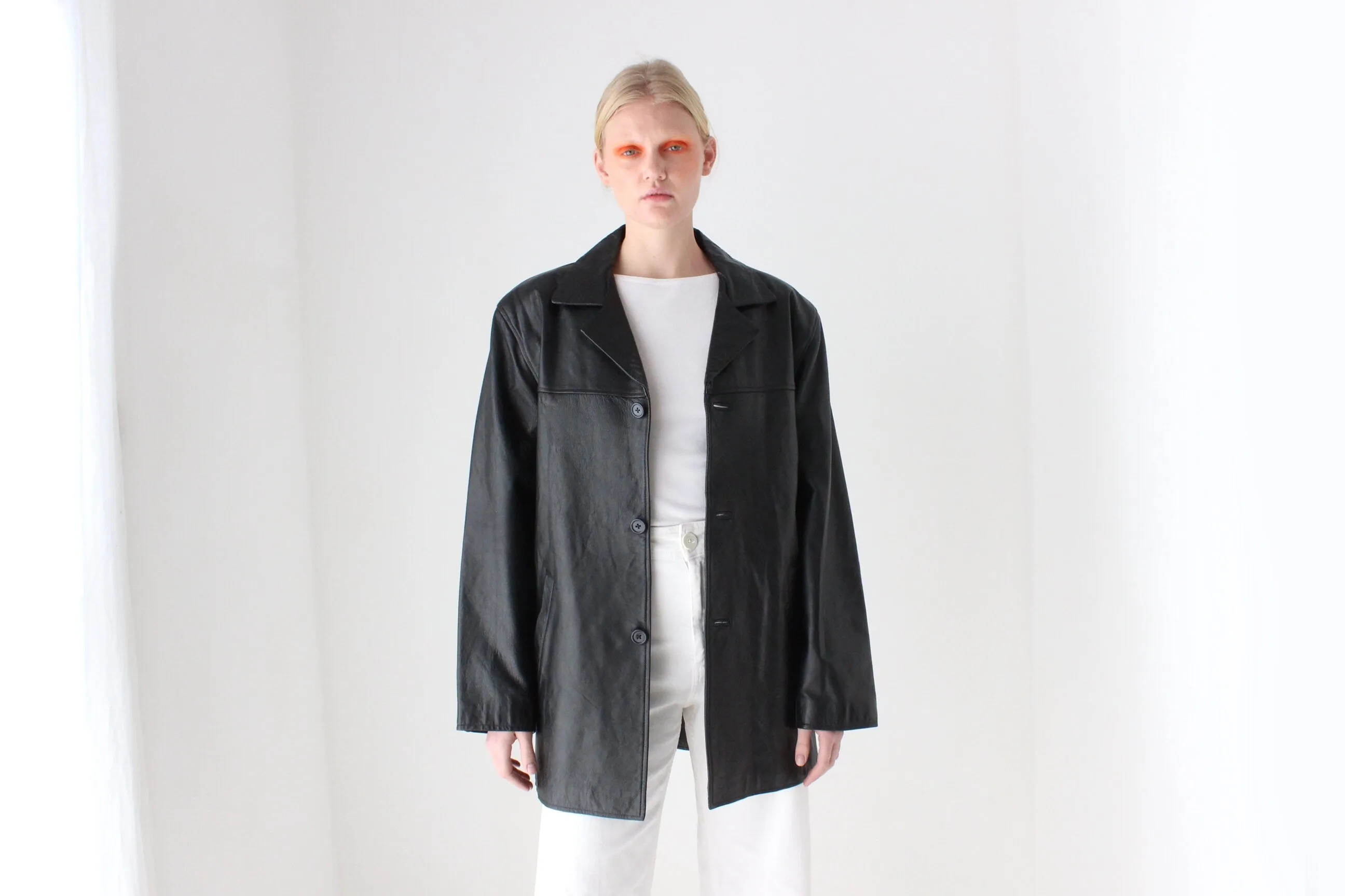 90s Black Leather SIRICCO Boxy, Minimal Button Up