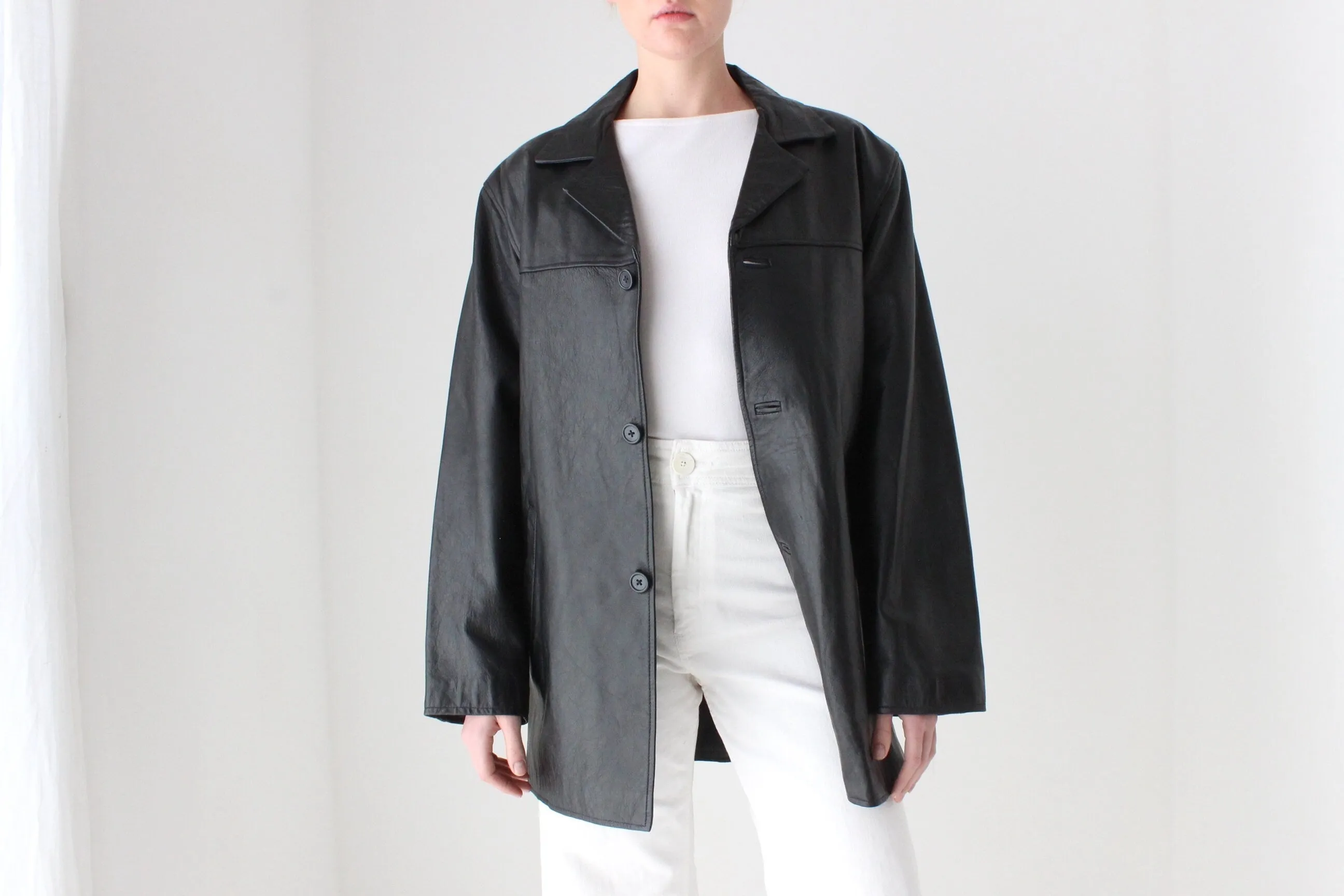 90s Black Leather SIRICCO Boxy, Minimal Button Up