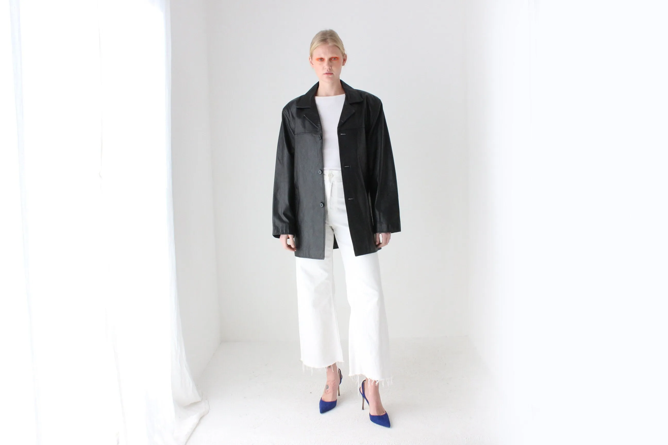 90s Black Leather SIRICCO Boxy, Minimal Button Up