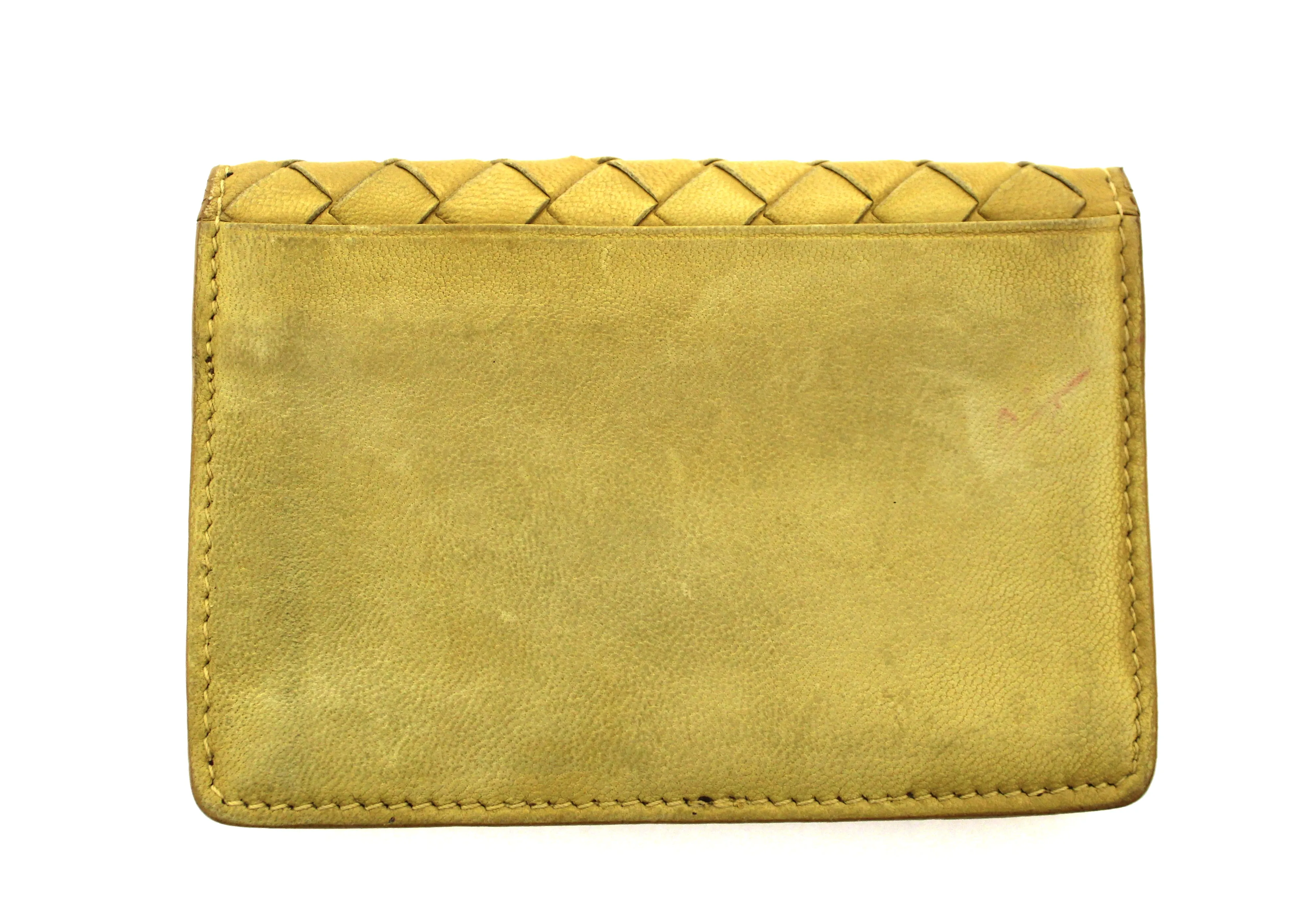 Authentic Bottega Veneta Yellow Nappa Leather Intrecciato Woven Card Case Wallet