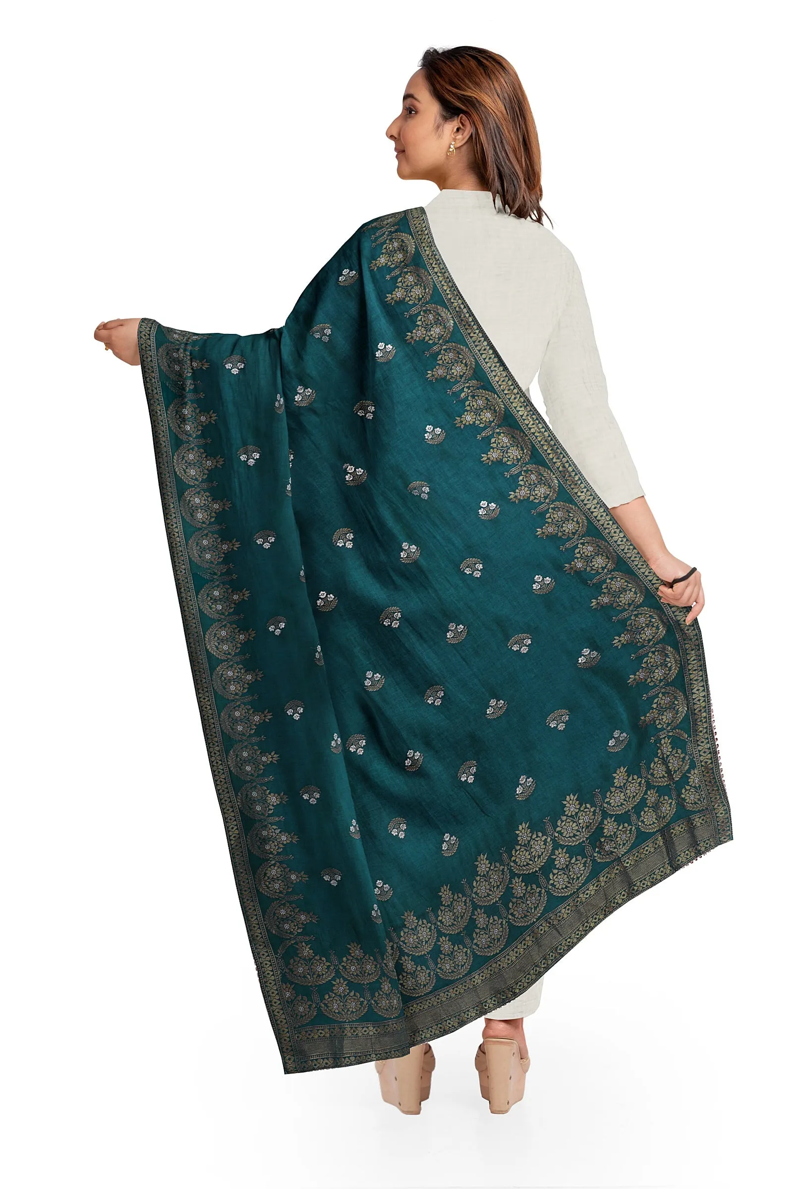 Beautiful Bottle Green Silk Jacquard Dupatta