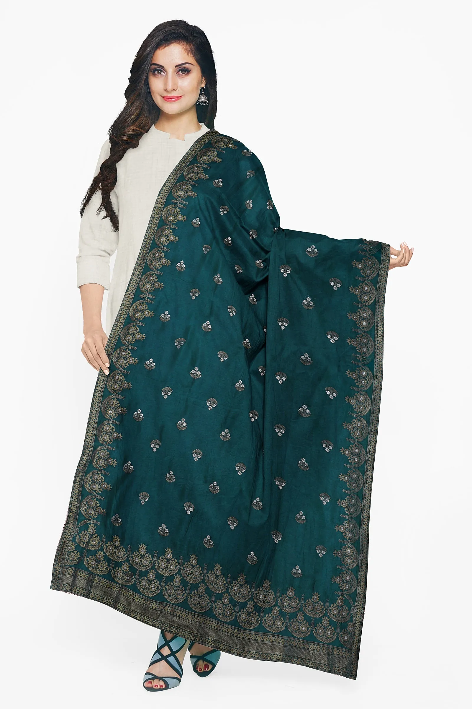 Beautiful Bottle Green Silk Jacquard Dupatta