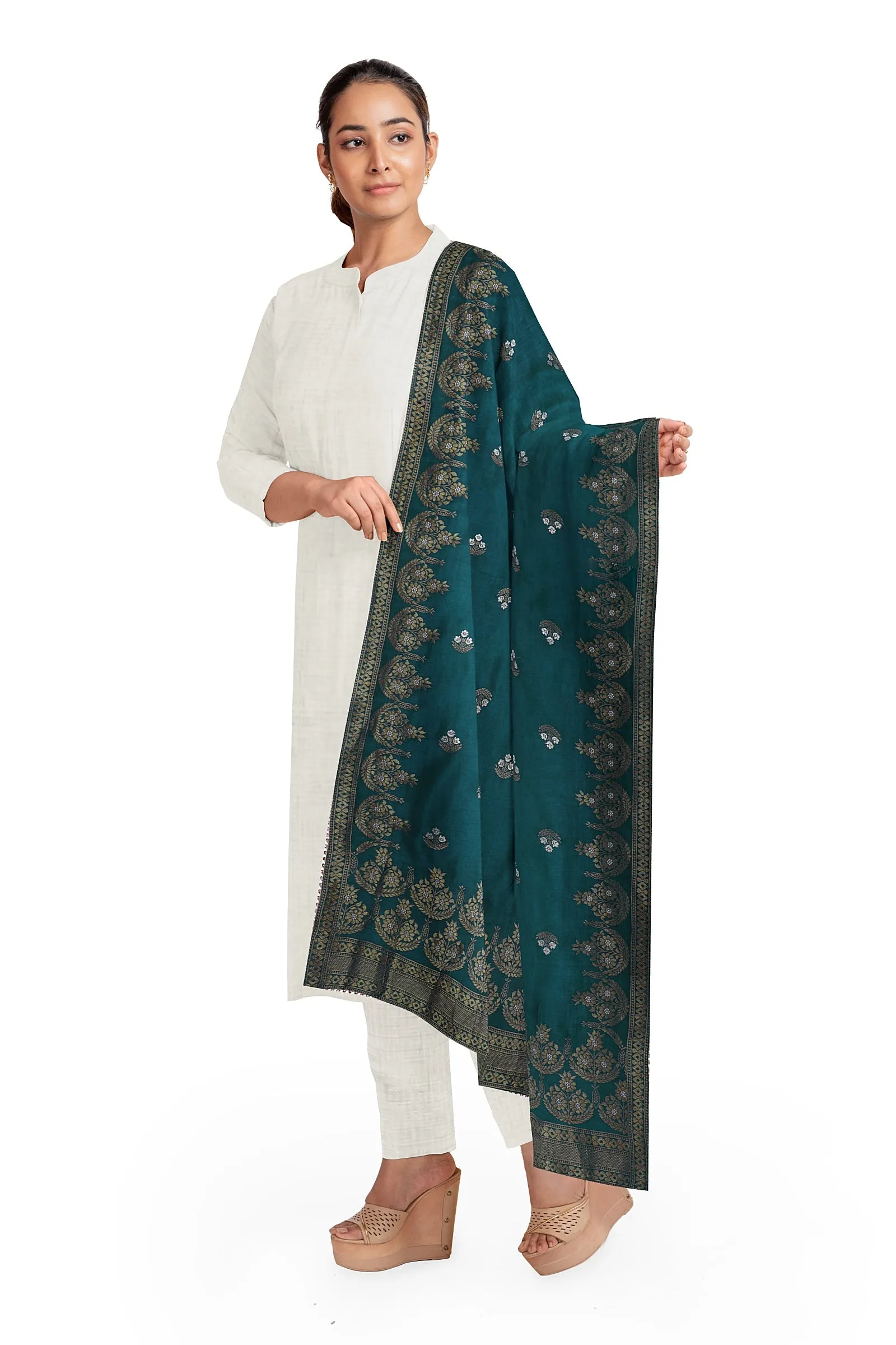 Beautiful Bottle Green Silk Jacquard Dupatta