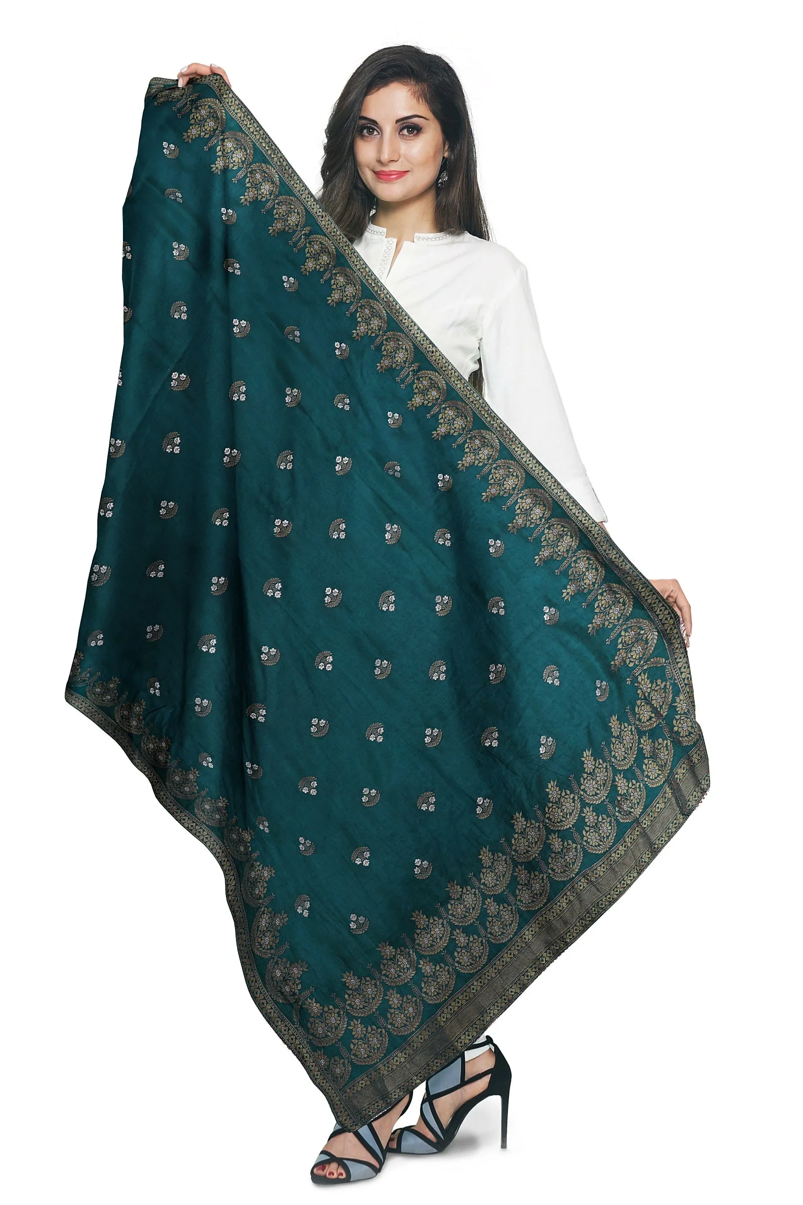 Beautiful Bottle Green Silk Jacquard Dupatta