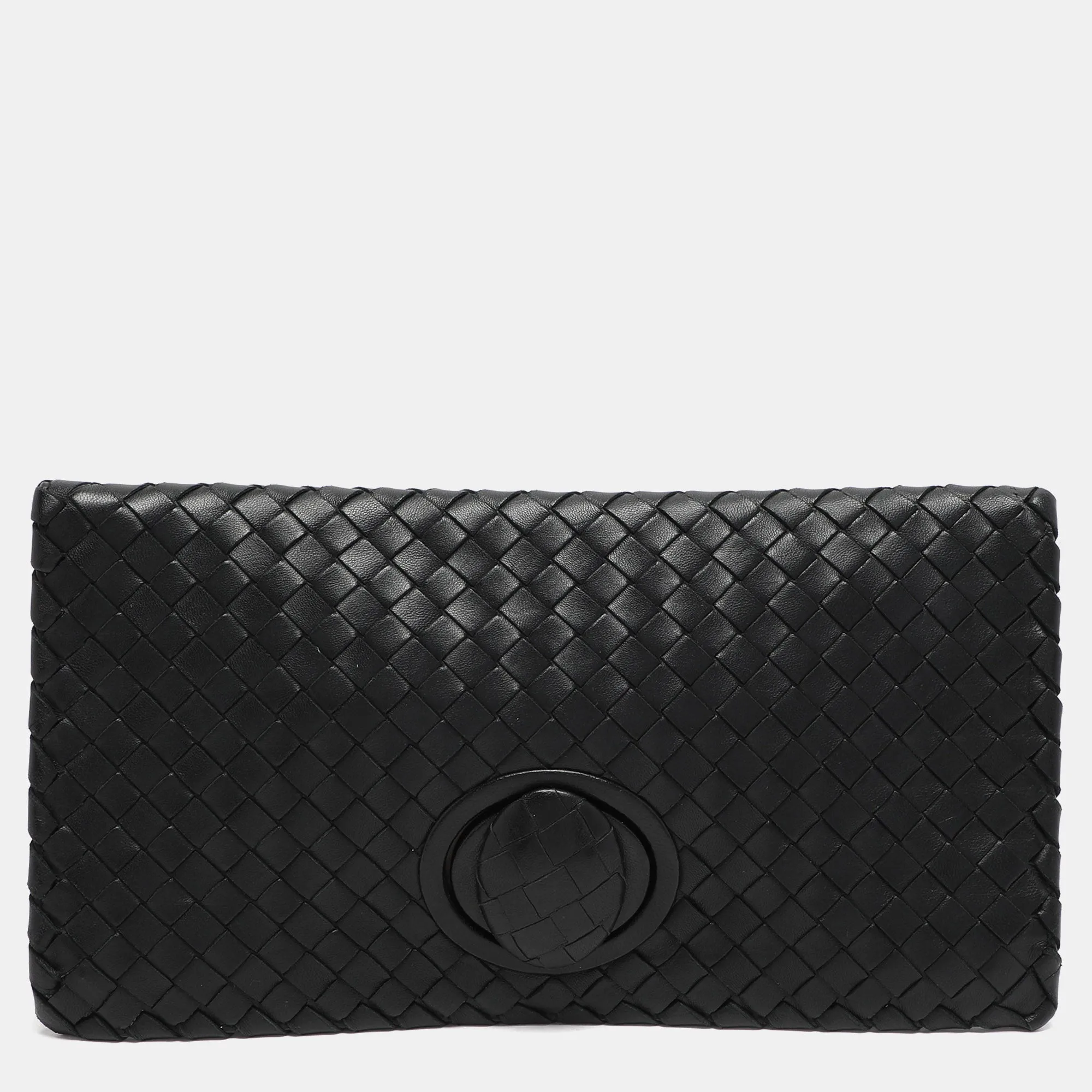 Black Intrecciato Leather Twist Lock Clutch