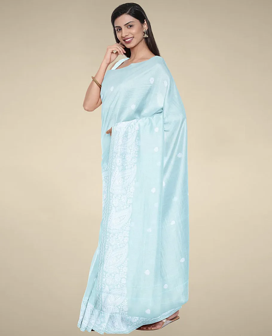 Blue Kota cotton saree with all-over unique buttas, self-border of intricate designs