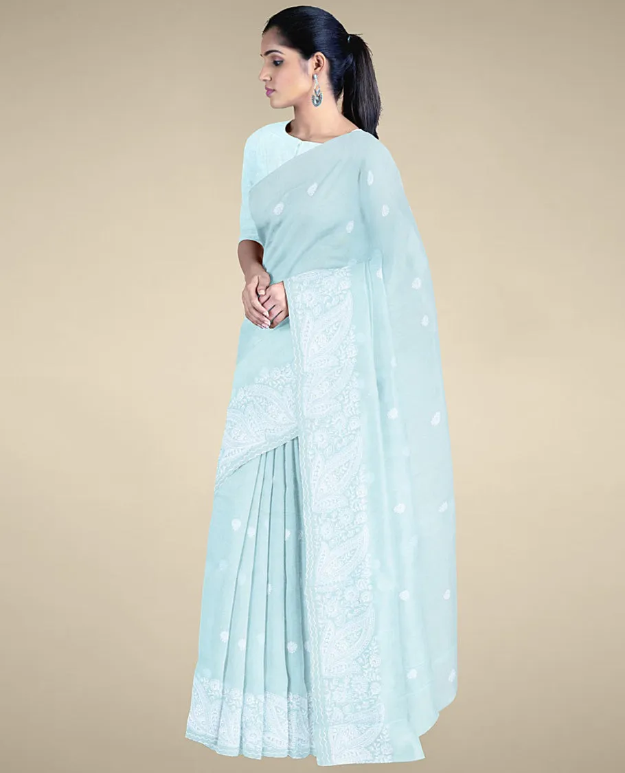 Blue Kota cotton saree with all-over unique buttas, self-border of intricate designs