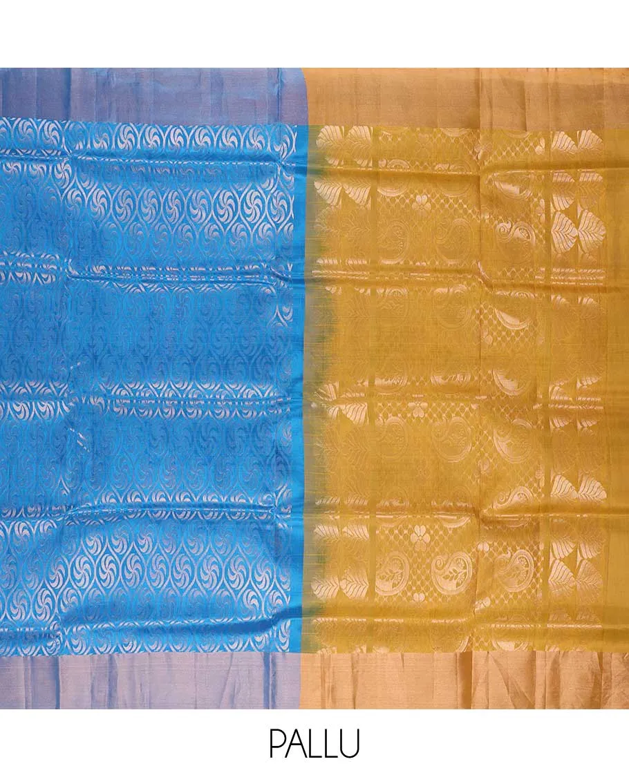 Blue semi-soft silk saree with unique designs, plain border & contrast intricate pallu of paisley & floral designs