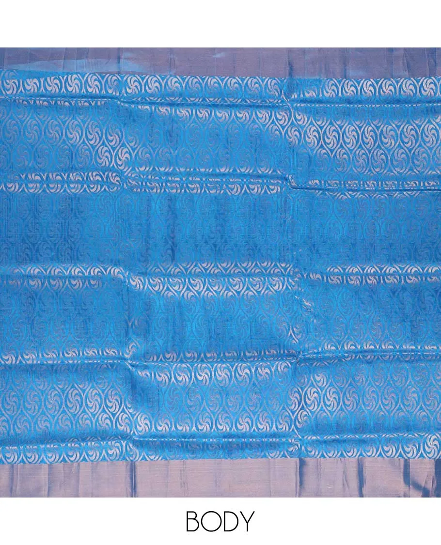 Blue semi-soft silk saree with unique designs, plain border & contrast intricate pallu of paisley & floral designs