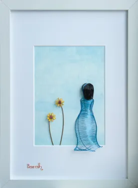 Blue Wireart Girl with Yellow Flowers