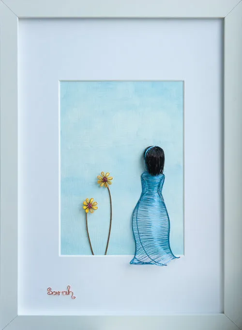 Blue Wireart Girl with Yellow Flowers