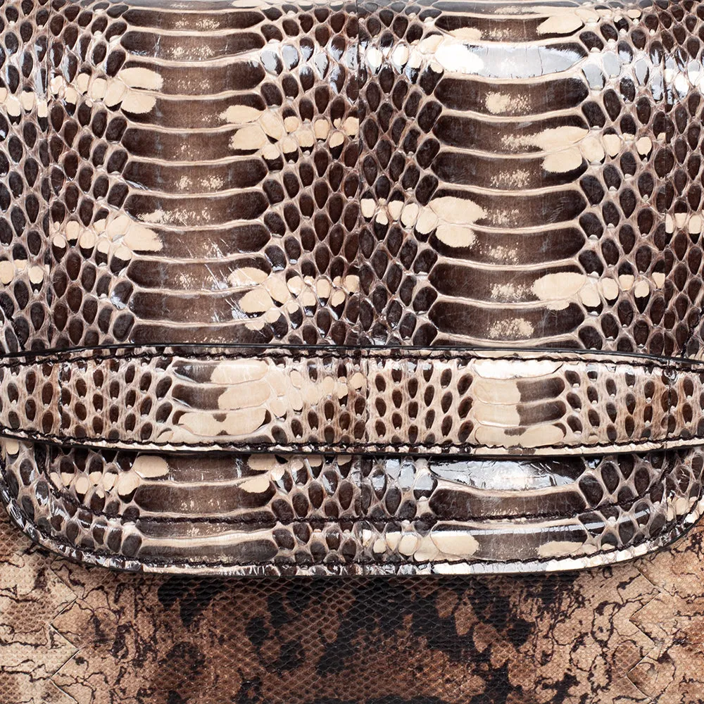 Bottega Veneta Brown Intrecciato Karung and Watersnake Detail Flap Shoulder Bag