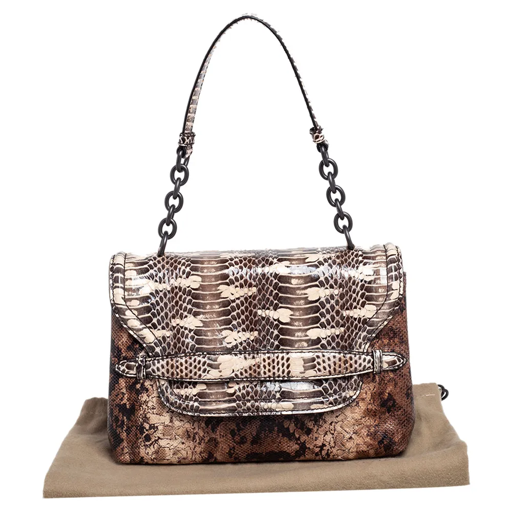 Bottega Veneta Brown Intrecciato Karung and Watersnake Detail Flap Shoulder Bag