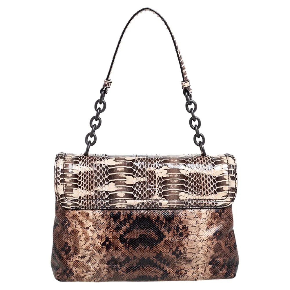 Bottega Veneta Brown Intrecciato Karung and Watersnake Detail Flap Shoulder Bag