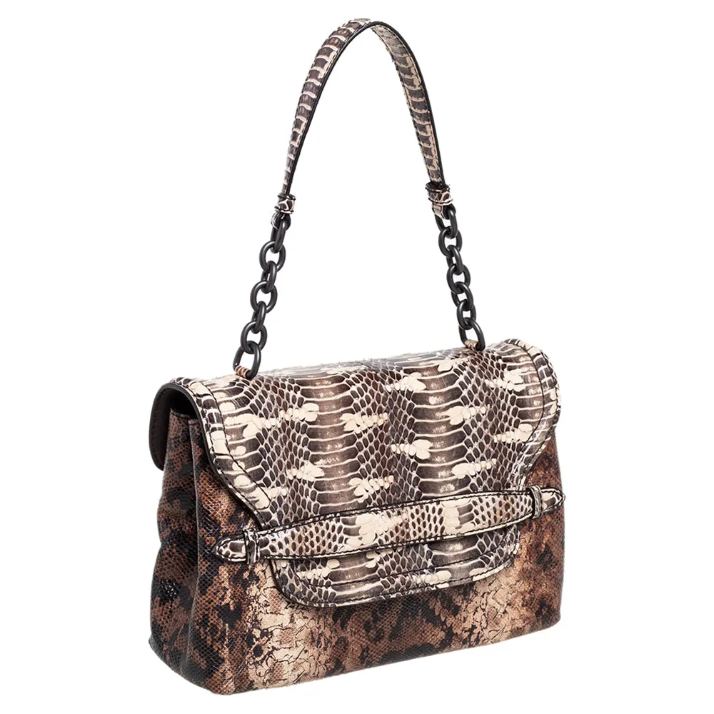 Bottega Veneta Brown Intrecciato Karung and Watersnake Detail Flap Shoulder Bag