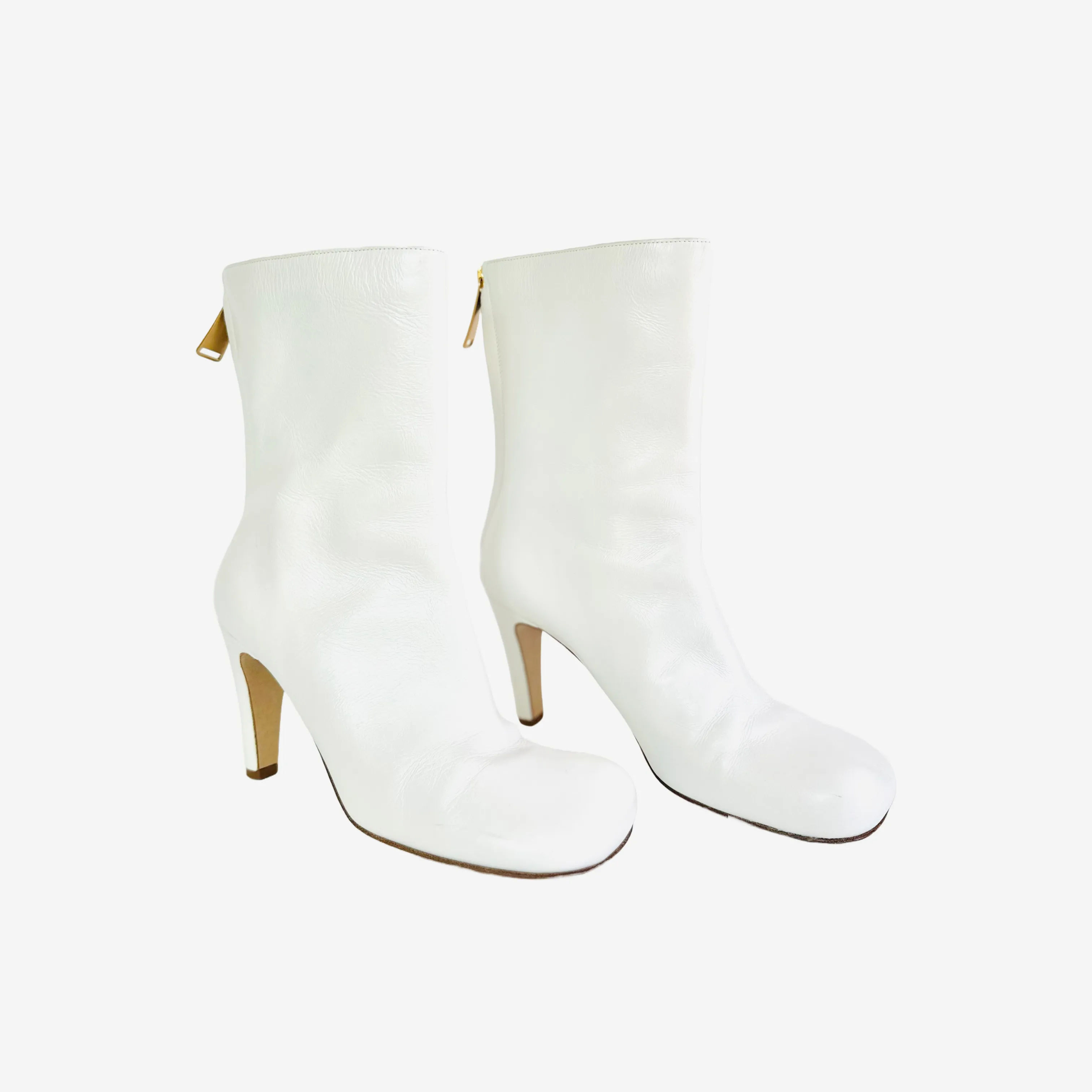 BOTTEGA VENETA - QHITE LEATHER ANKLE BOOTS QITH GOLD ZIPPER SIZE 39 EU