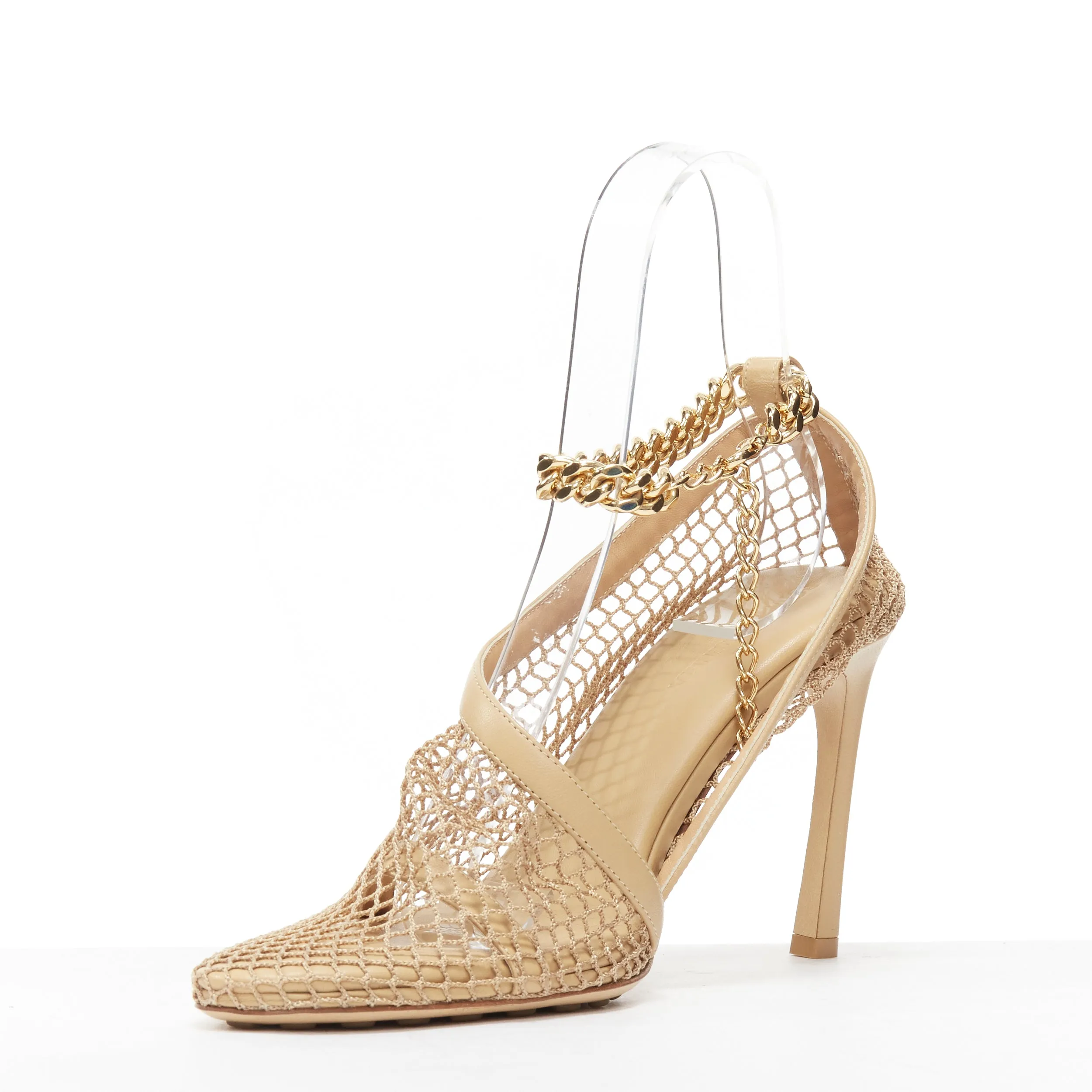 BOTTEGA VENETA Runway Daniel Lee beige fishnet gold chain high heel EU39