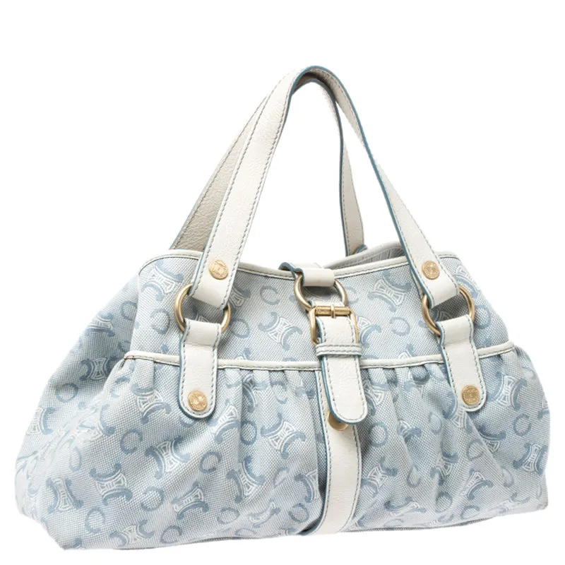 Celine Blue/White Monogram Canvas and Leather Satchel