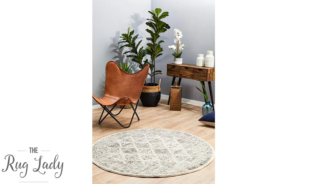 Celine Grey Faded Distressed Diamond Round Rug