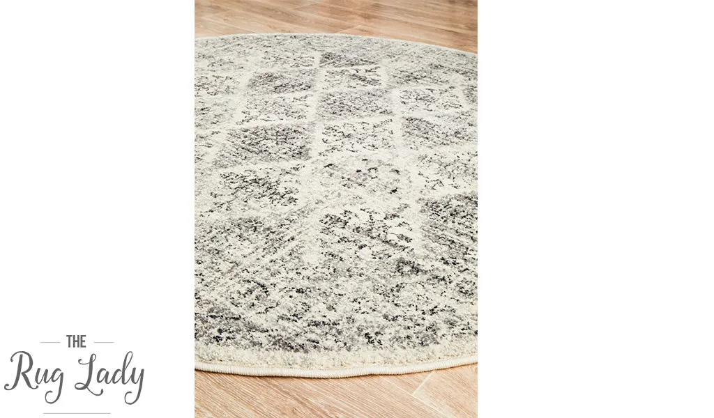 Celine Grey Faded Distressed Diamond Round Rug