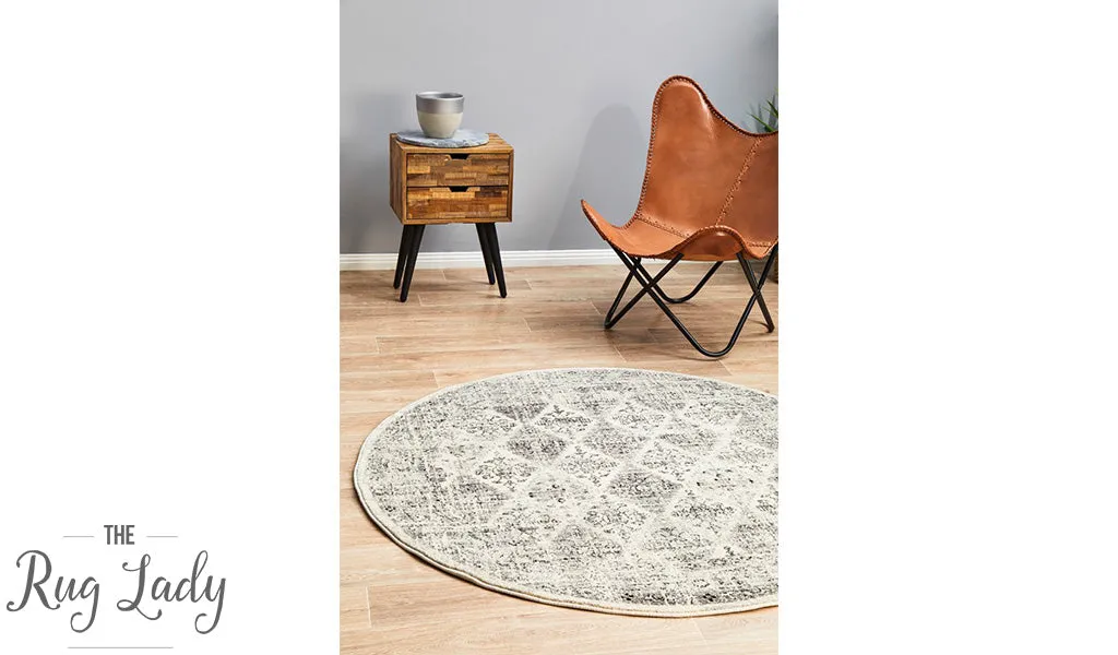 Celine Grey Faded Distressed Diamond Round Rug