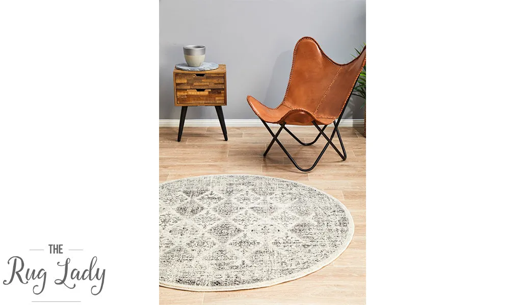 Celine Grey Faded Distressed Diamond Round Rug