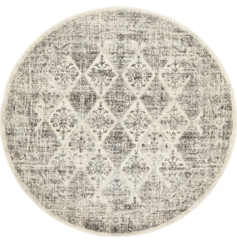 Celine Grey Faded Distressed Diamond Round Rug