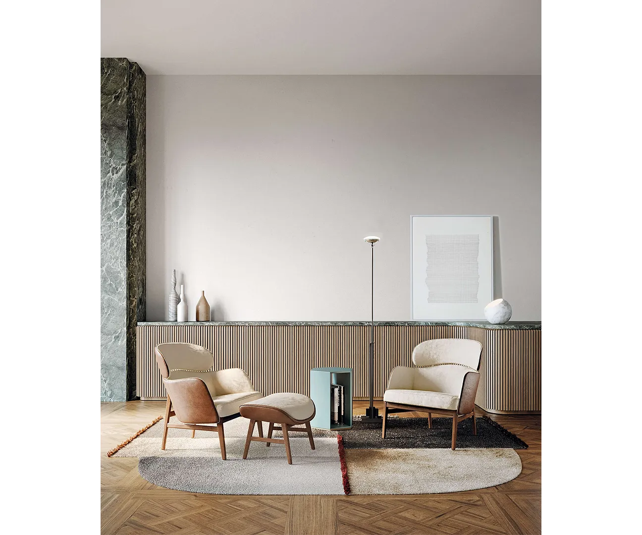 Celine Luxury Designer Armchair and Modern Curved Pouf