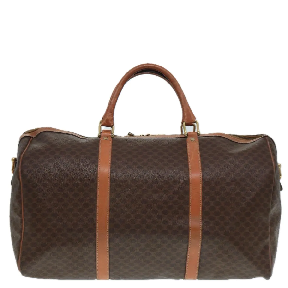 CELINE Macadam Canvas Boston Bag PVC Leather 2way Brown Gold Auth tb1116