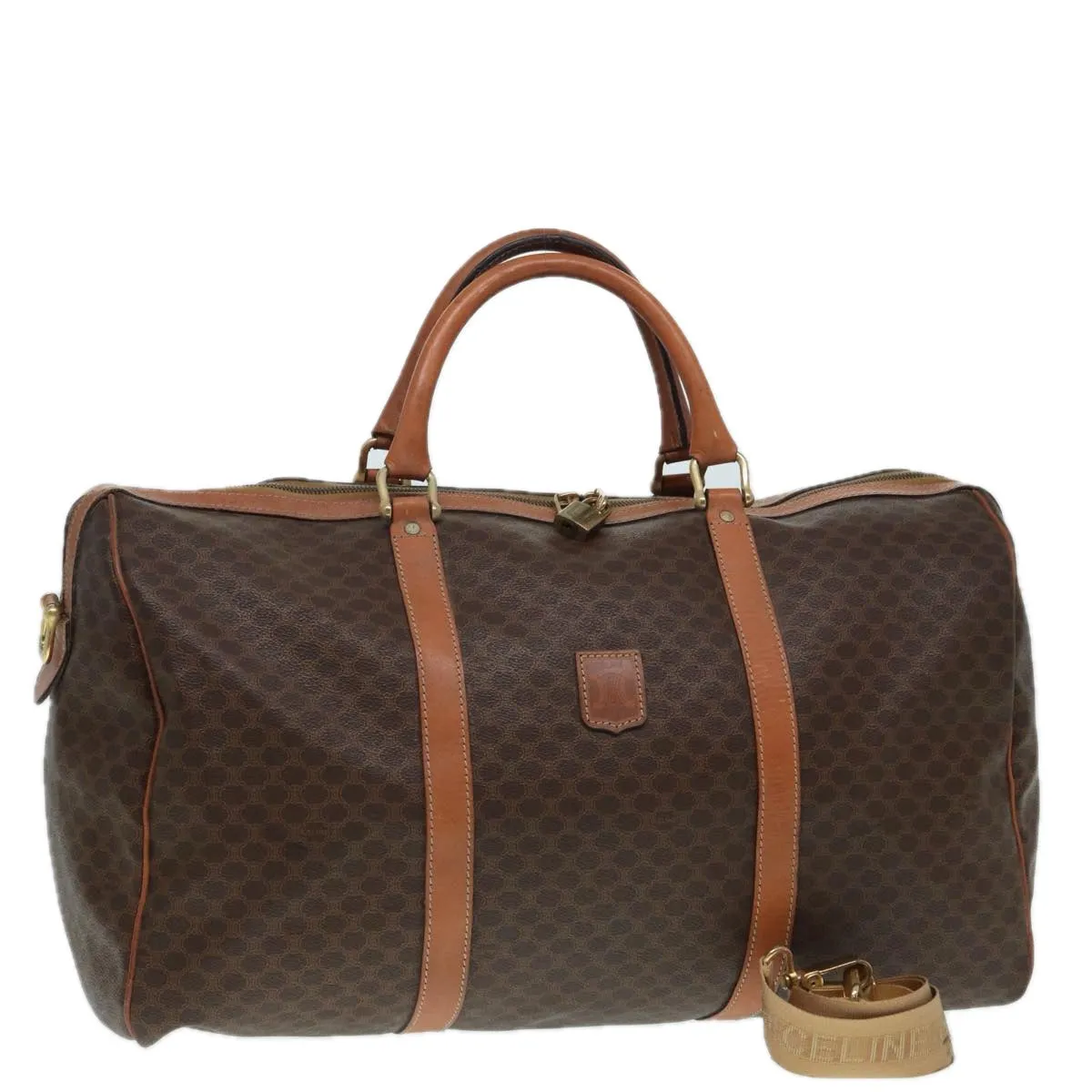 CELINE Macadam Canvas Boston Bag PVC Leather 2way Brown Gold Auth tb1116
