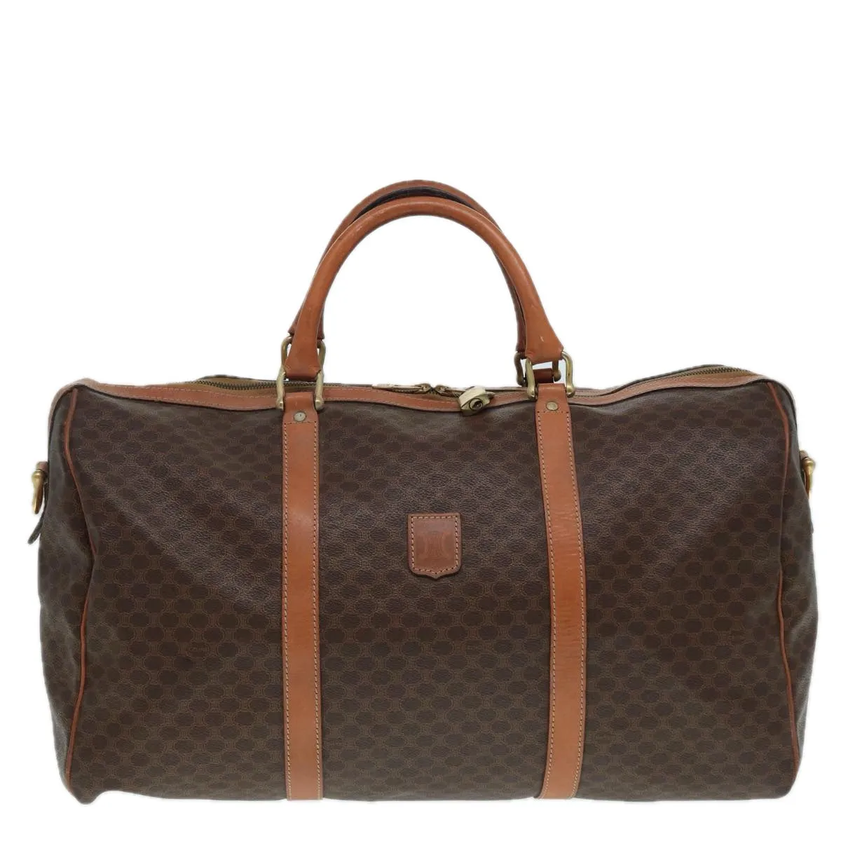 CELINE Macadam Canvas Boston Bag PVC Leather 2way Brown Gold Auth tb1116