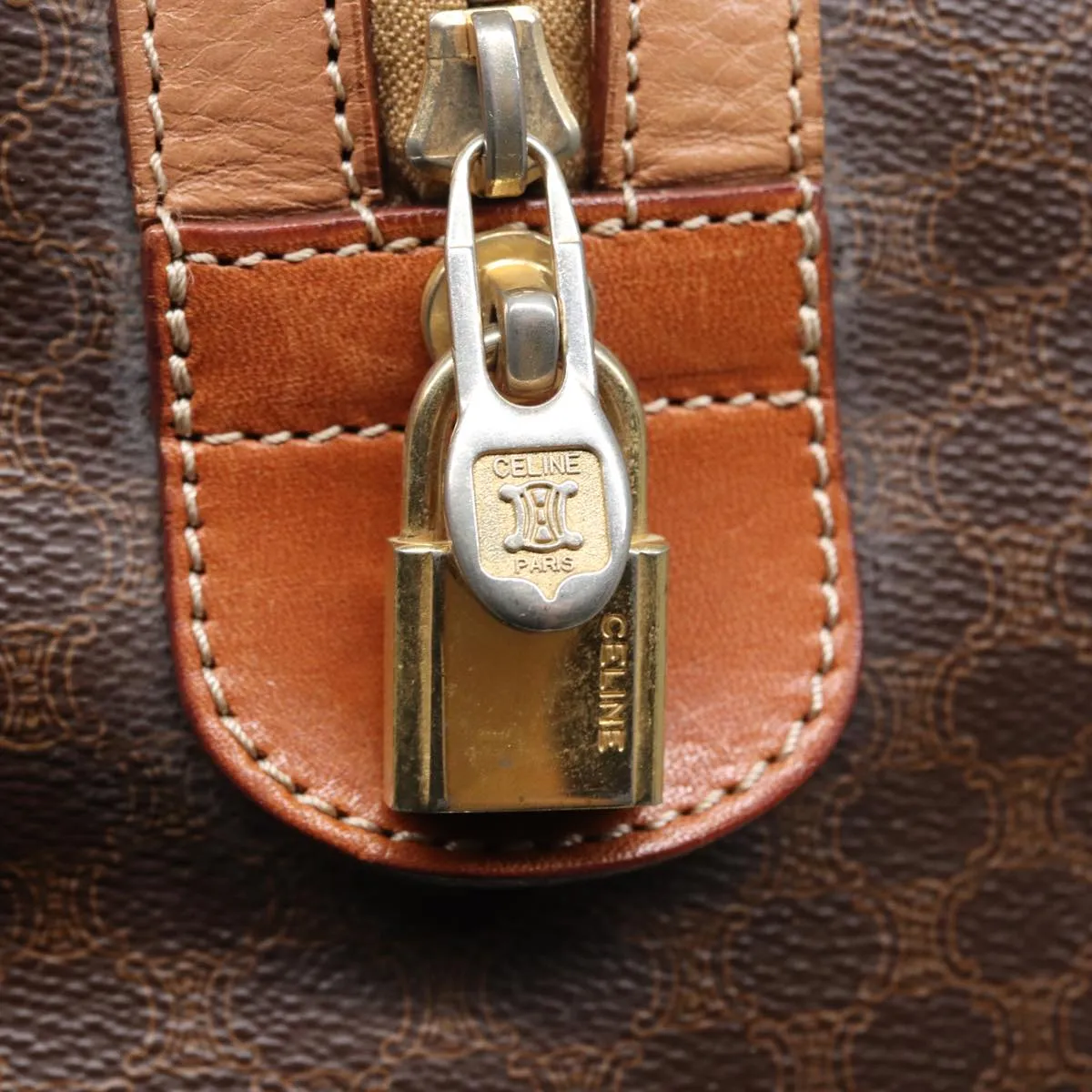 CELINE Macadam Canvas Boston Bag PVC Leather Brown Auth bs15893