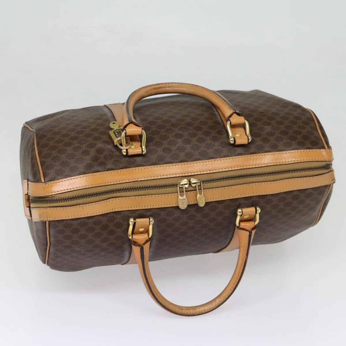 CELINE Macadam Canvas Boston Bag PVC Leather Brown Auth yk14397