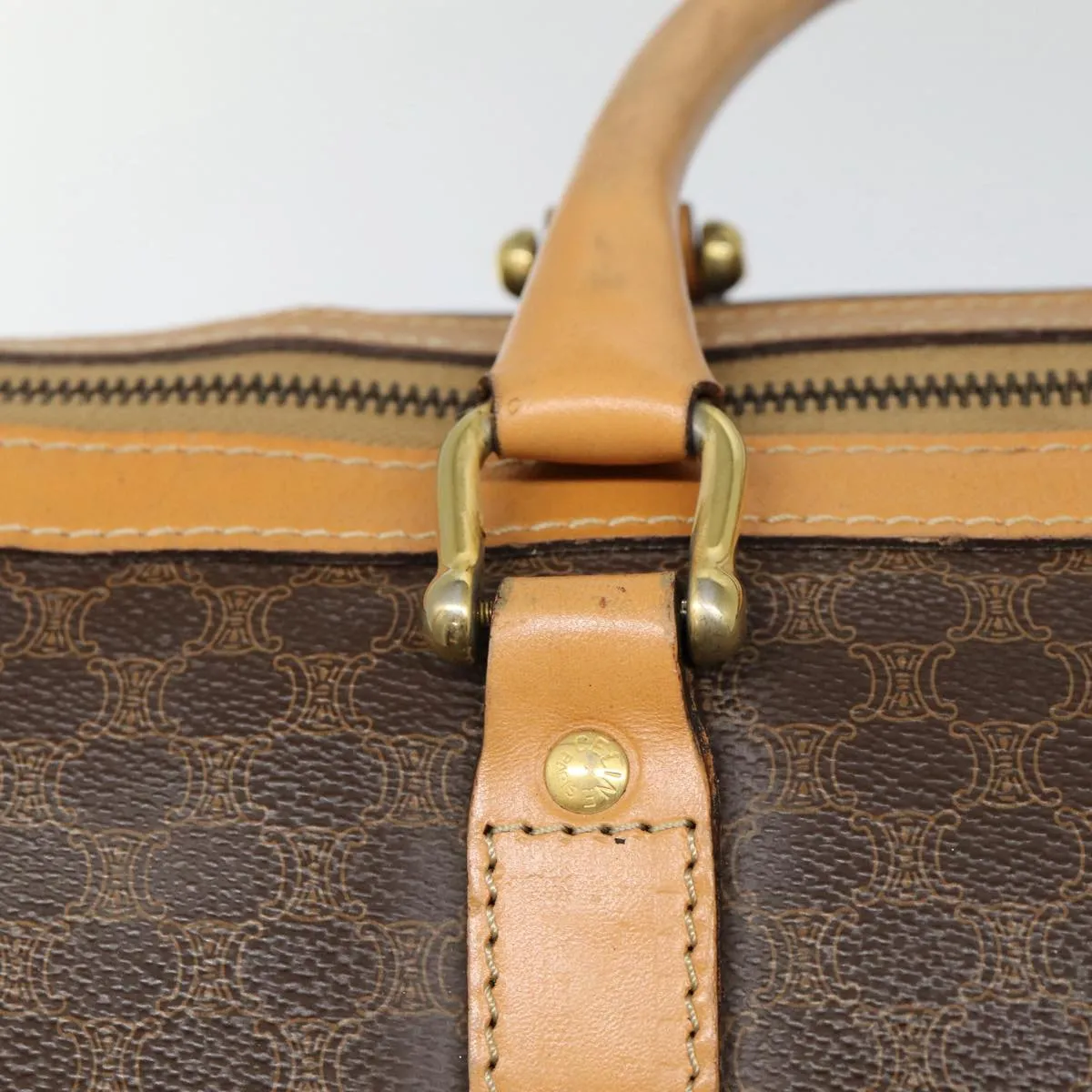 CELINE Macadam Canvas Boston Bag PVC Leather Brown Auth yk14397