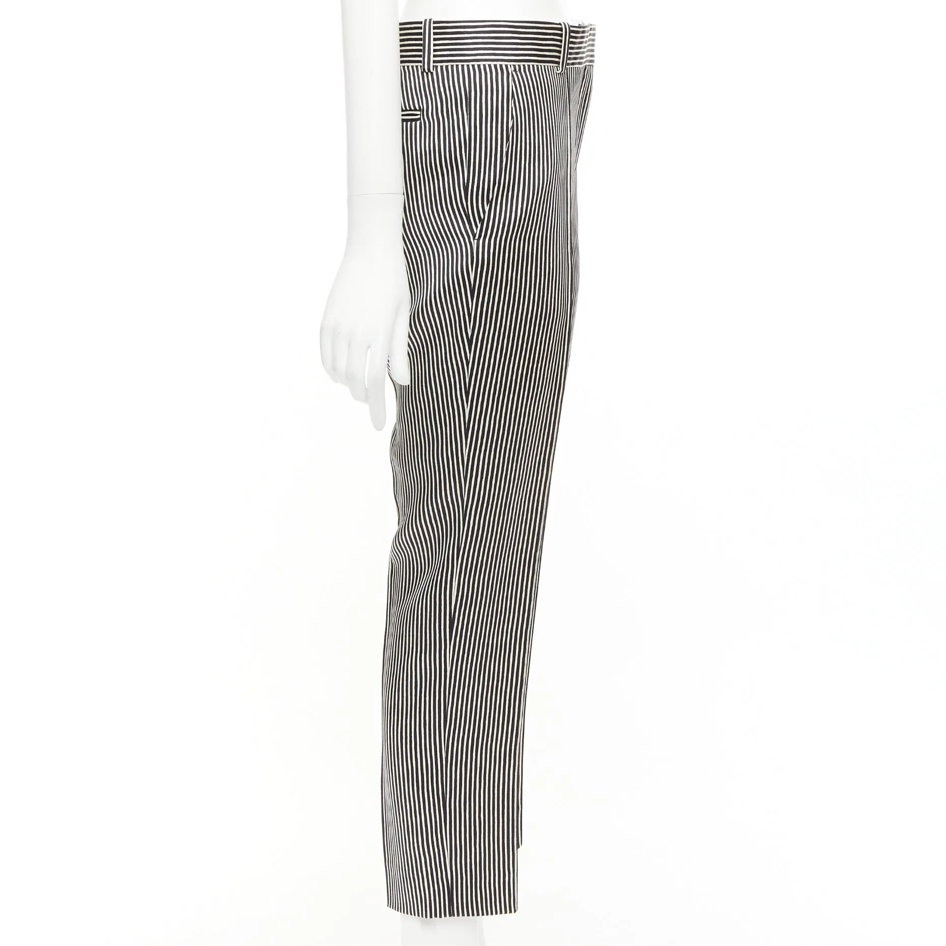 CELINE Phoebe Philo cream black silk new pure wool striped trousers FR36 S