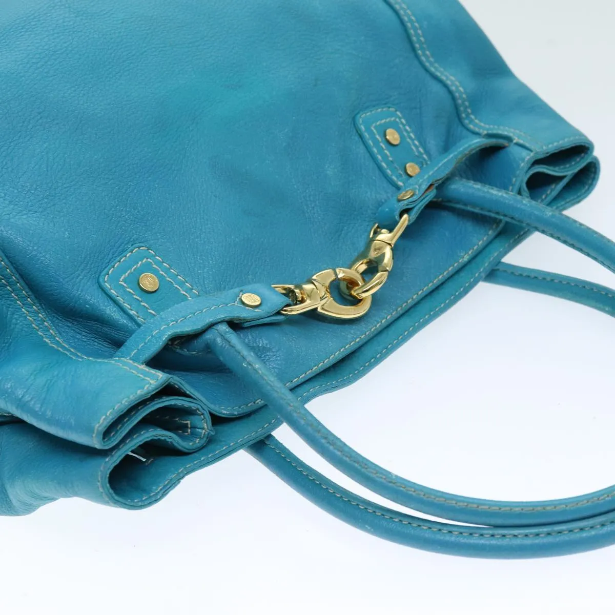 CELINE Tote Bag Leather Turquoise Blue Auth 74223