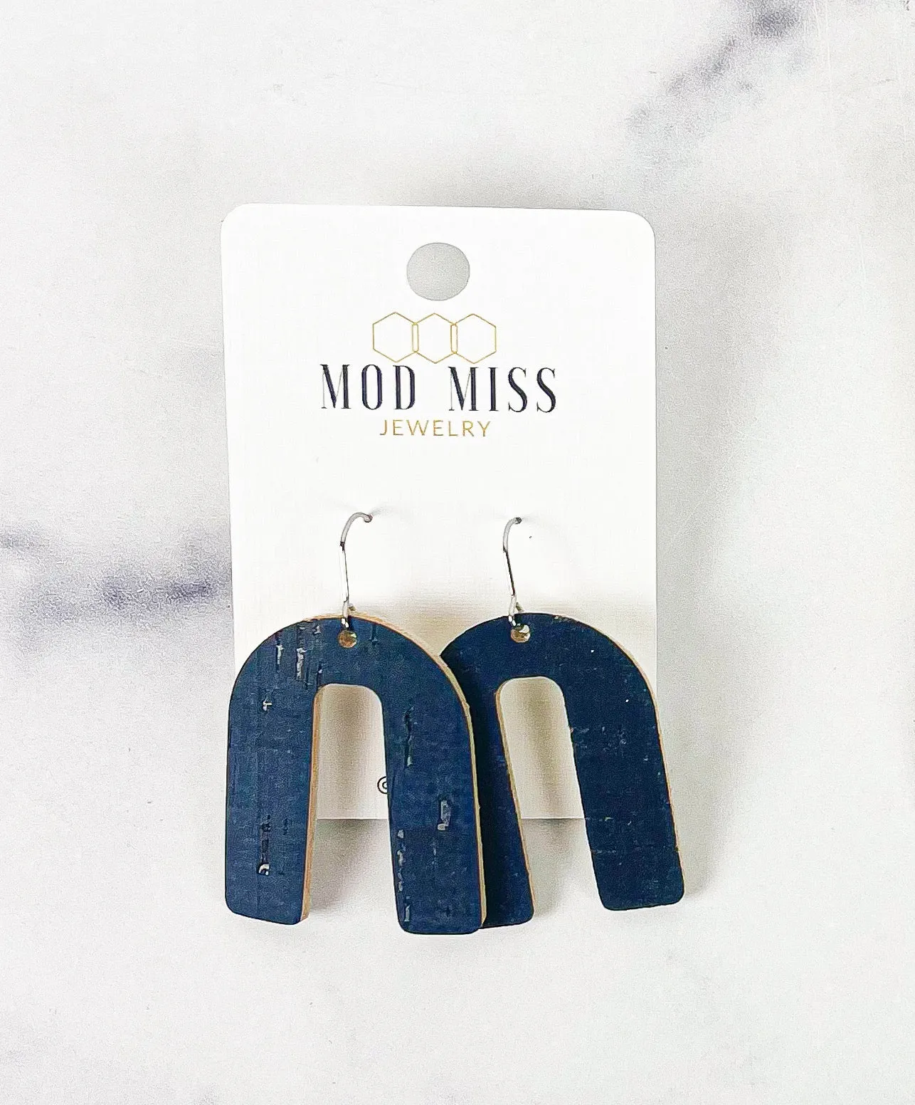 Cork Leather Arch Earring "Navy "