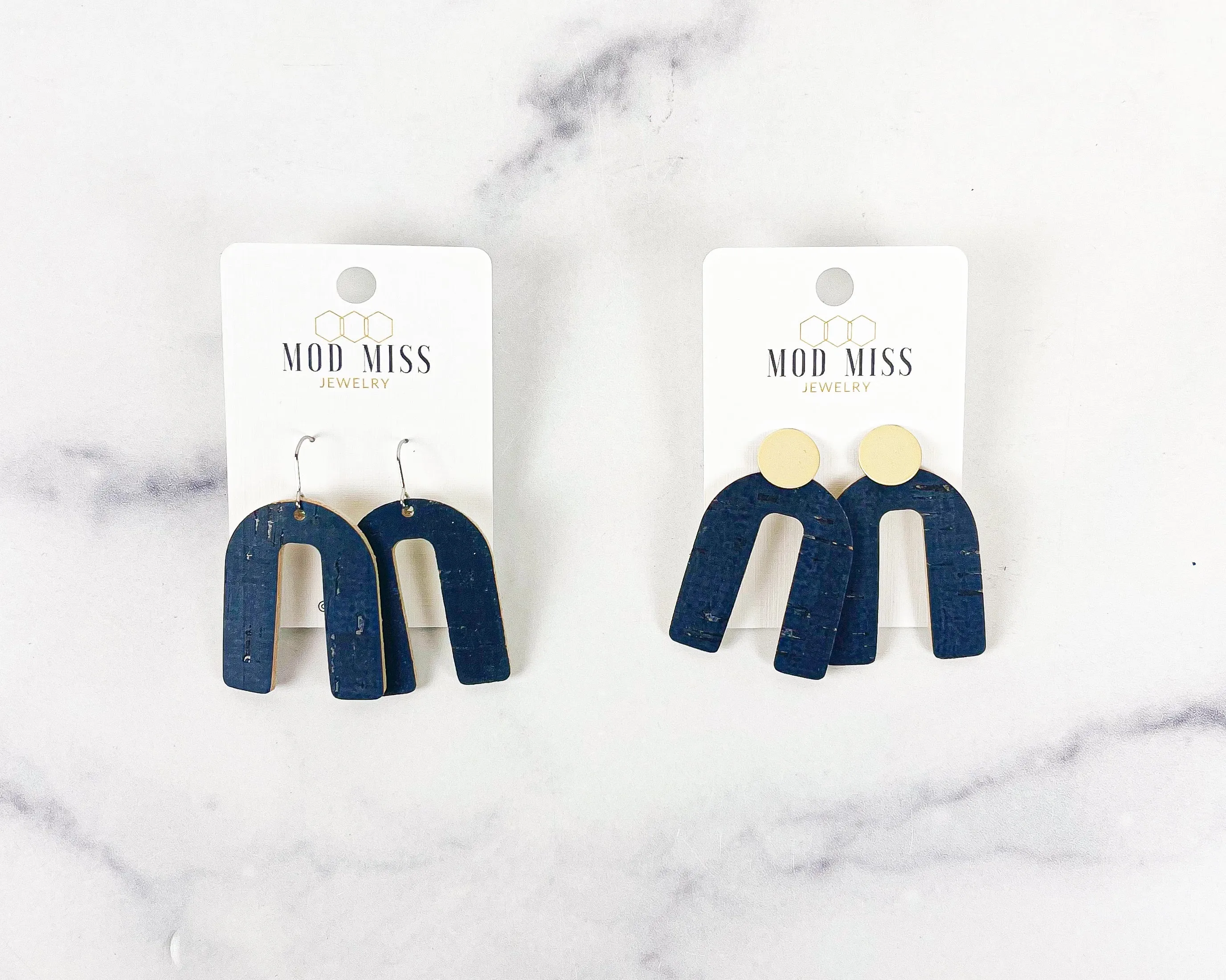 Cork Leather Arch Earring "Navy "