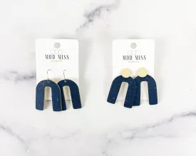 Cork Leather Arch Earring "Navy "
