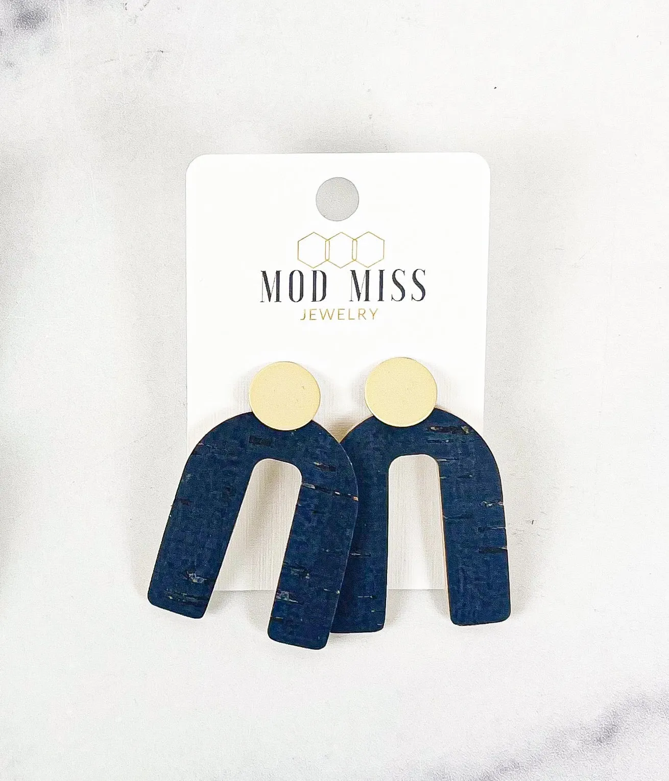 Cork Leather Arch Earring "Navy "