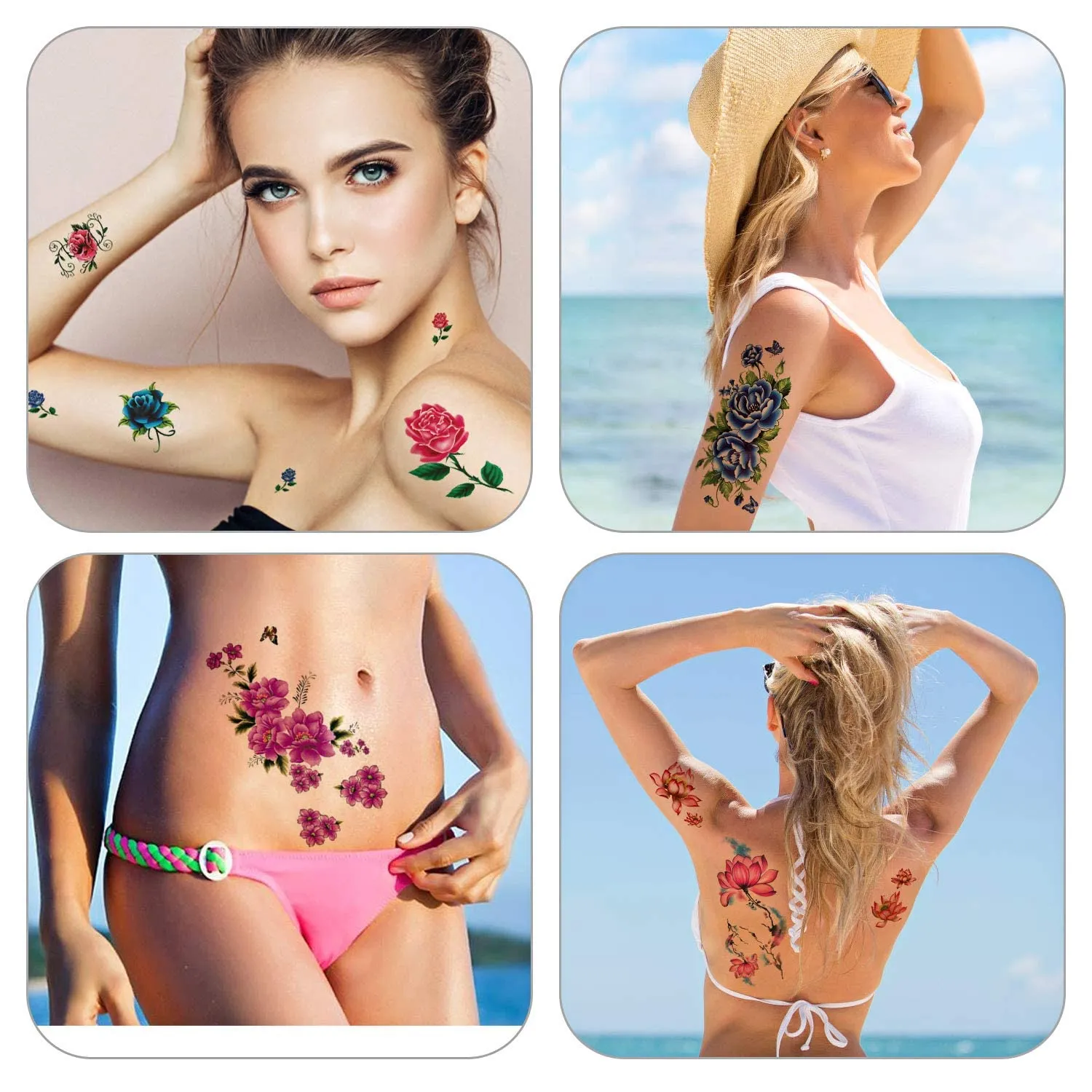 Custom Set of 24 Bright Colored Flowers Temporary Tattoos Waterproof Stickers To Create Unique Body Art or Add to Any DIY Craft Project