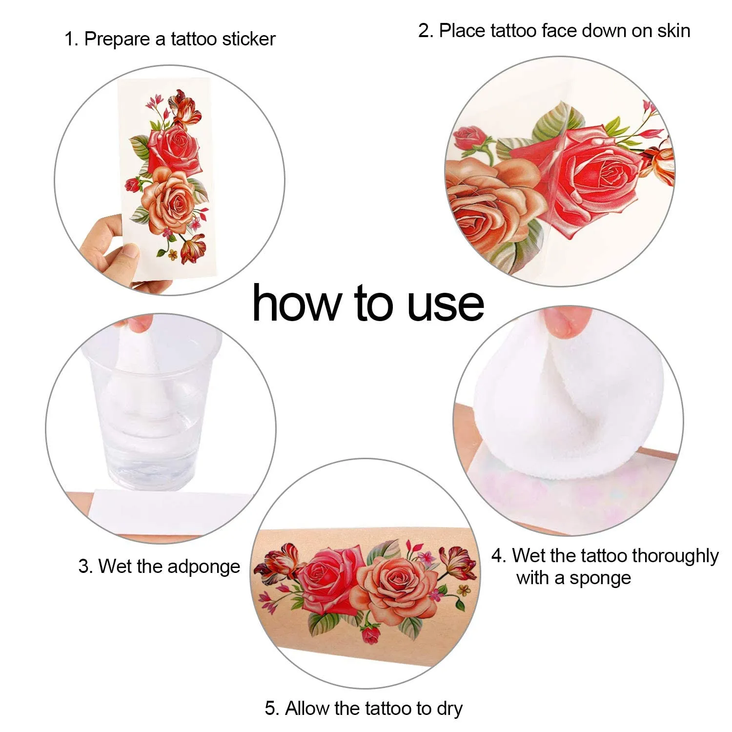 Custom Set of 24 Bright Colored Flowers Temporary Tattoos Waterproof Stickers To Create Unique Body Art or Add to Any DIY Craft Project